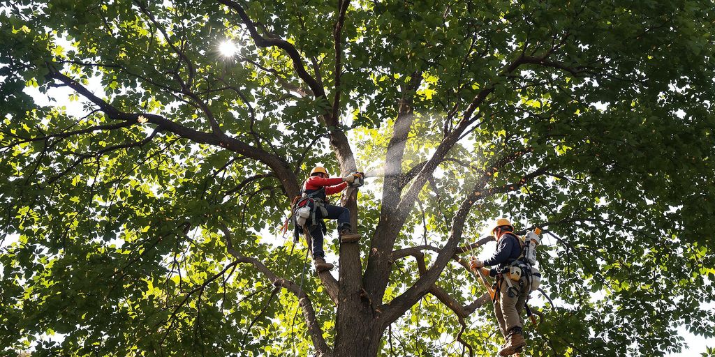 An arborist in a tree, trimming branches. In Sheridan California