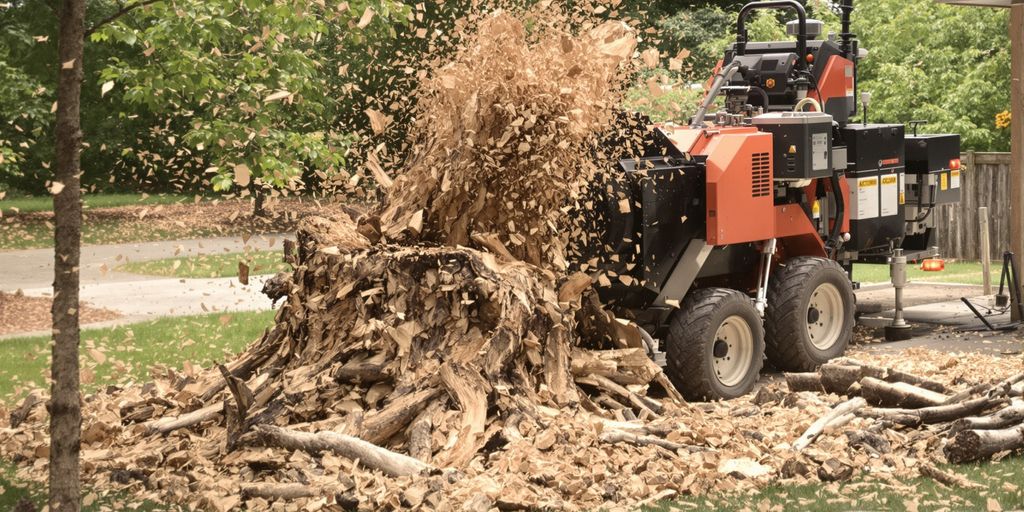 Wood chips from stump grinding in a yard.