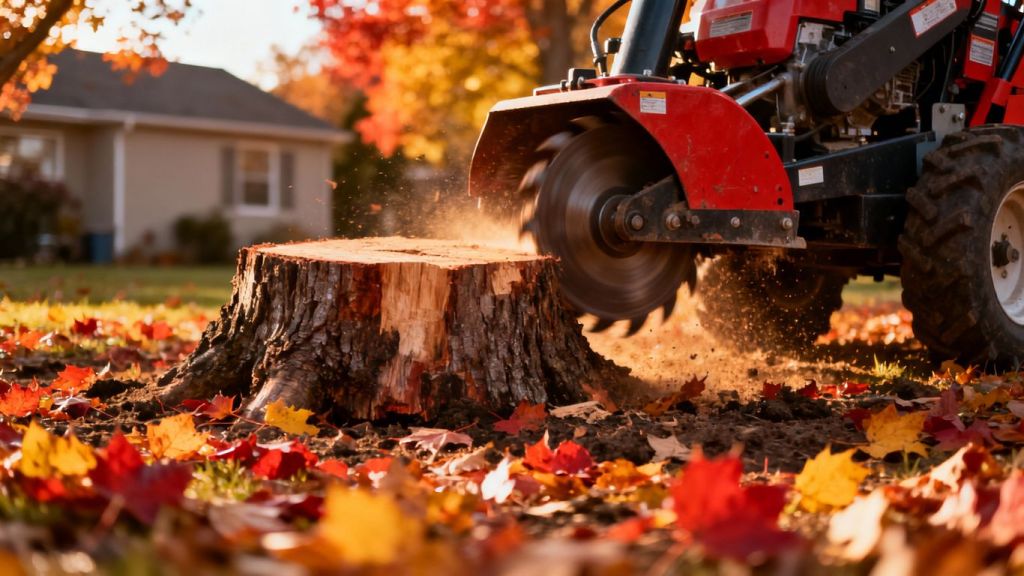 Stump grinder working on a tree stump in autumn leaves.