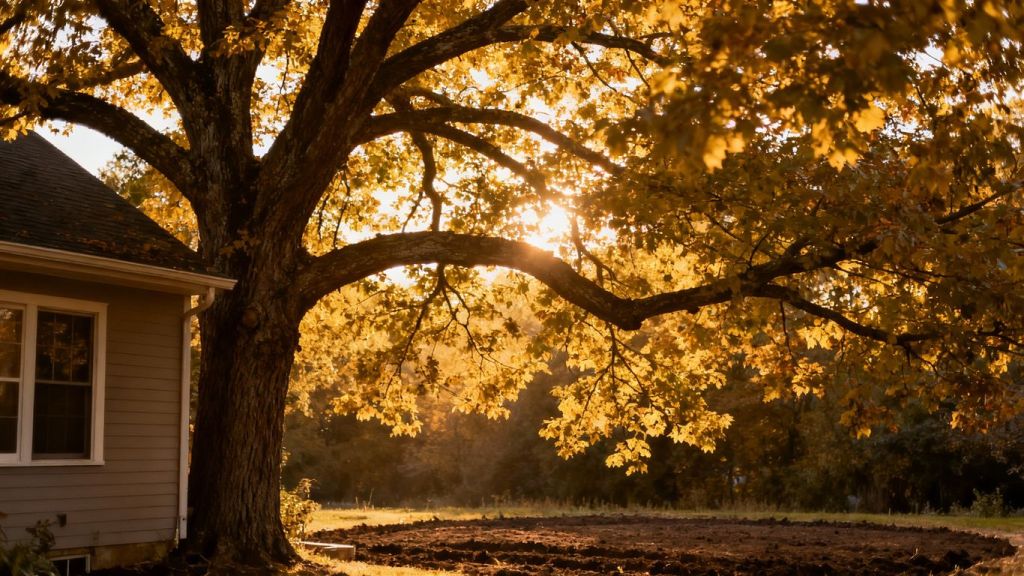 Tree near house, clear ground, sunlight.