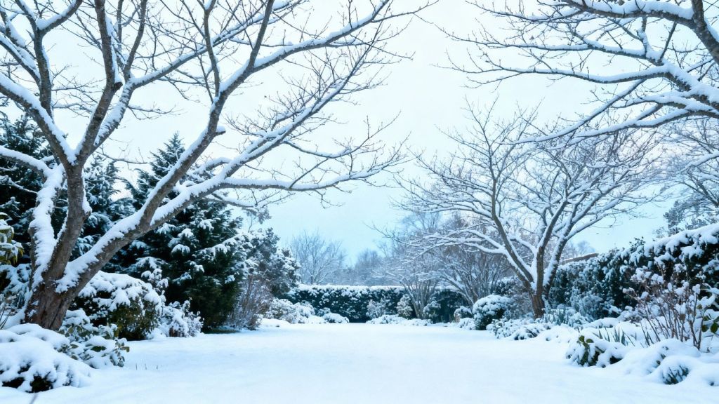 Snow-covered garden with bare trees and evergreen plants.