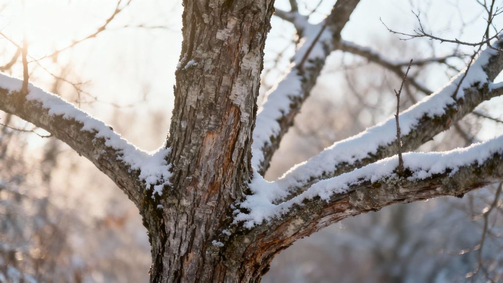 Snow-covered tree trunk and branches in winter.