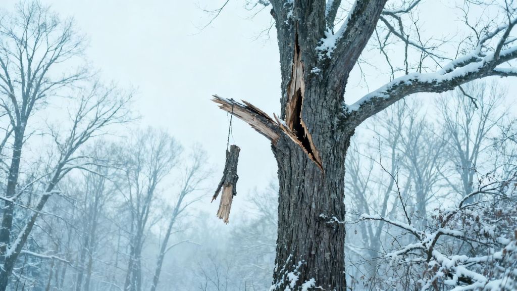 Winter tree with cracked trunk and broken limb.