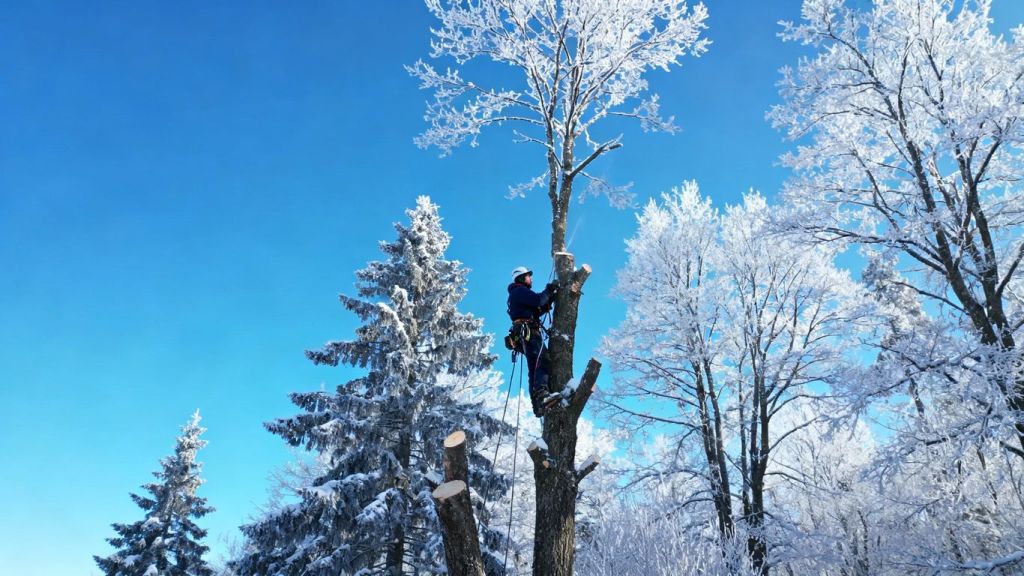Arborist pruning a snow-covered tree in winter