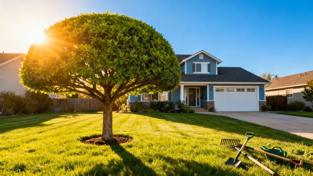 Trimmed tree and lawn in front of suburban home
