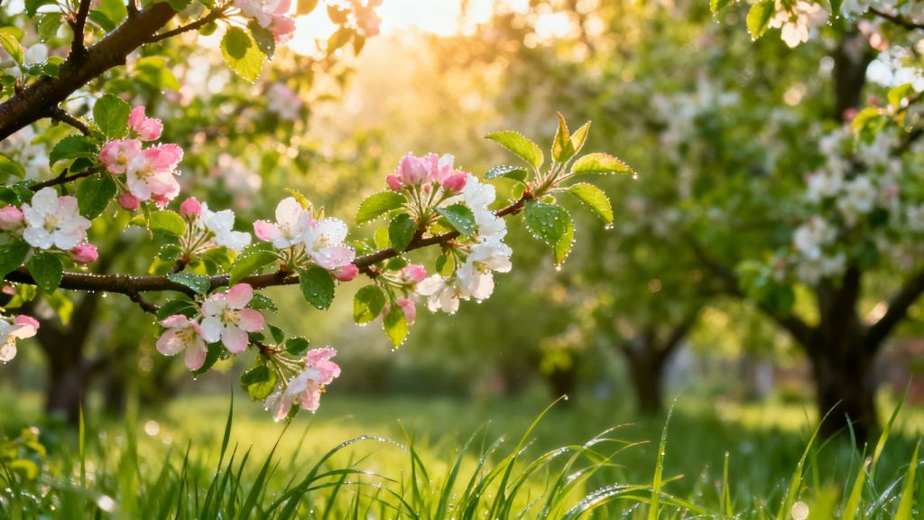 Spring trees blooming with new leaves and blossoms.