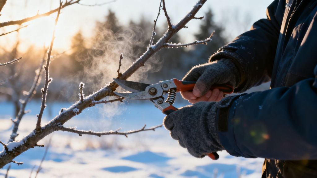 Person pruning tree branches in snowy winter landscape