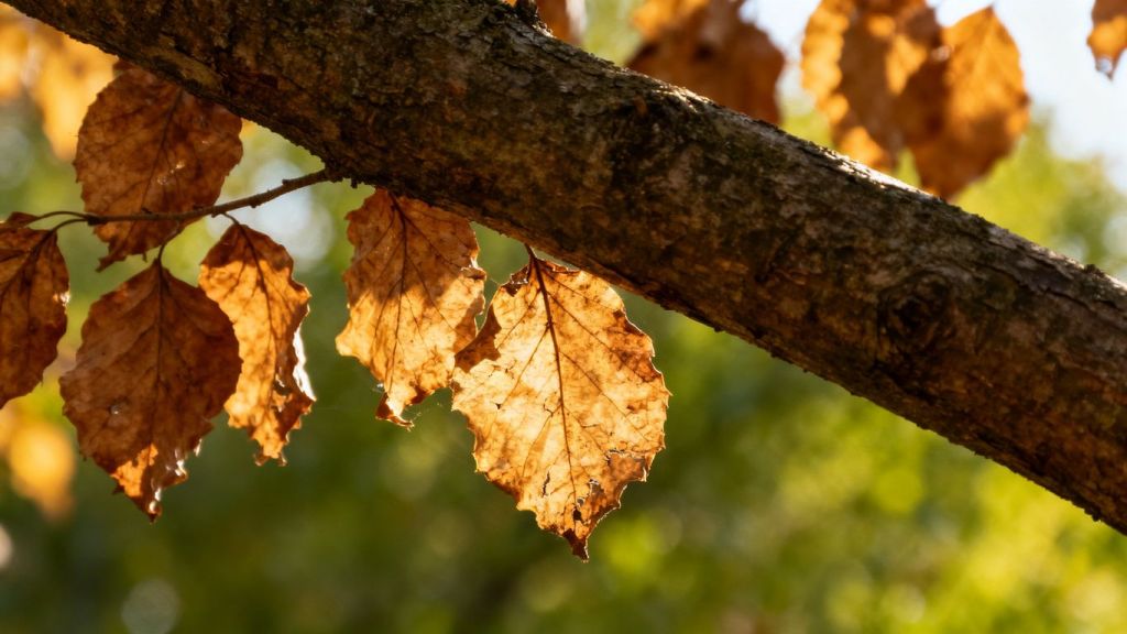 Tree branch with dead leaves against green canopy.