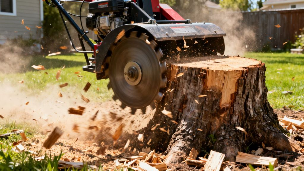 Stump grinder removing a large tree stump.
