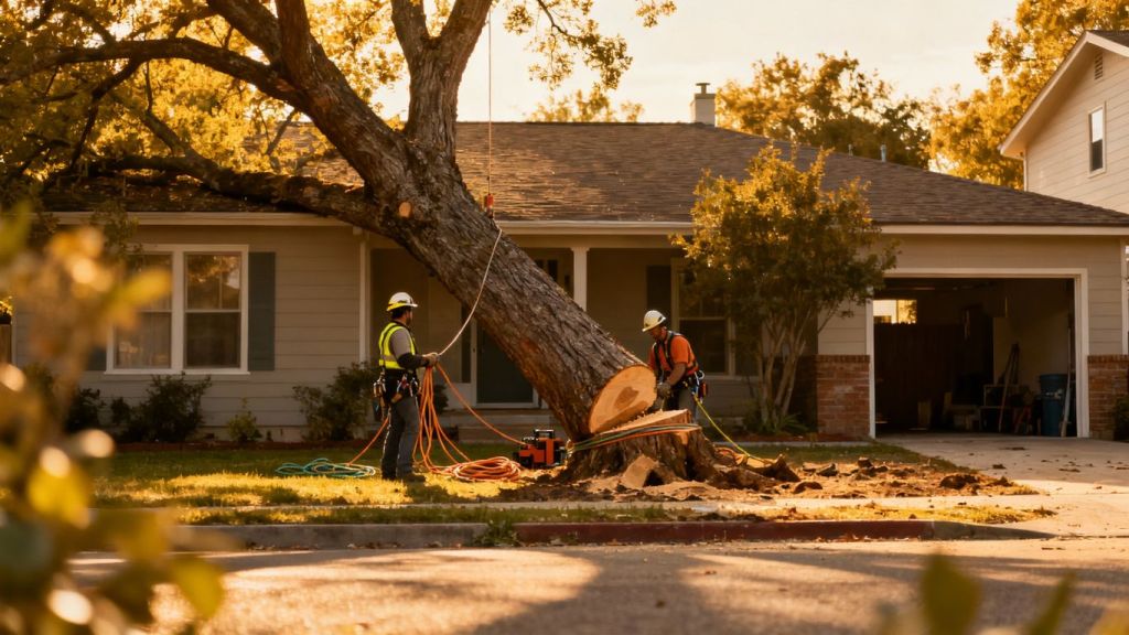 Professional tree removal near a house, safe and clean.