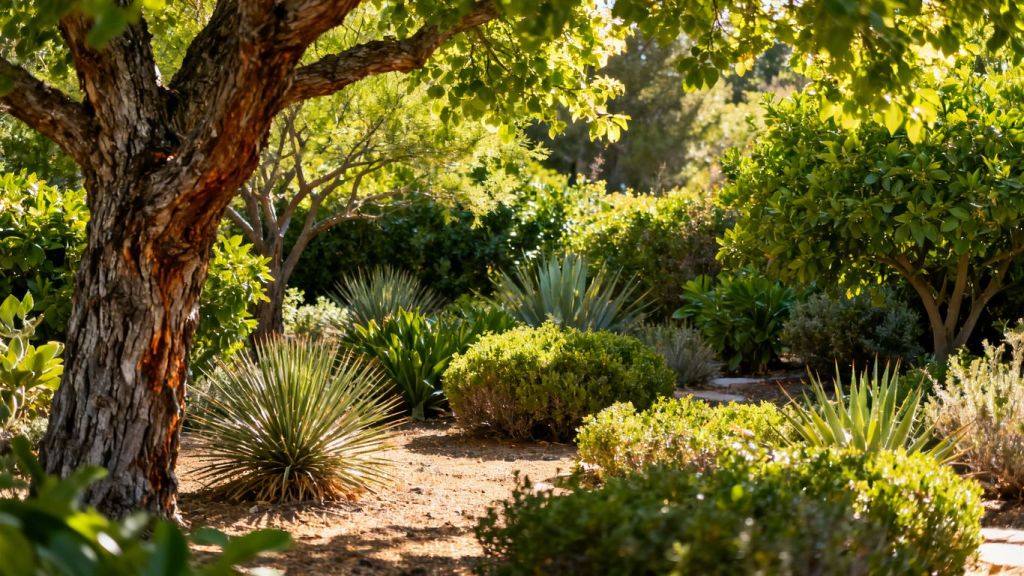 Fire-resistant trees and shrubs in a lush garden.