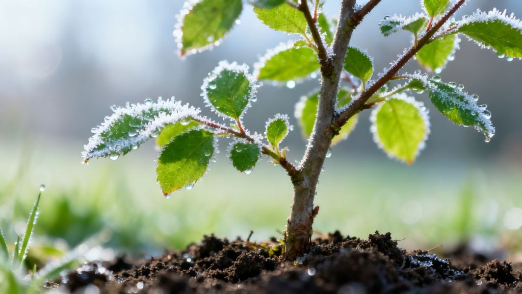 Young tree sapling with frost on its leaves.