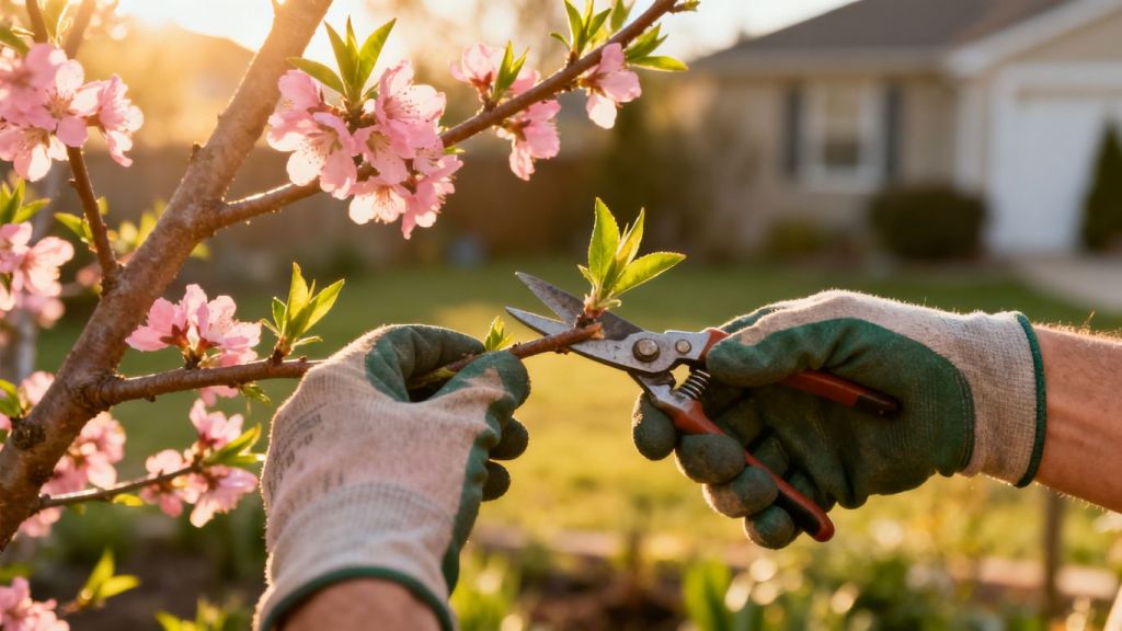 Gardener pruning a flowering tree in early spring.