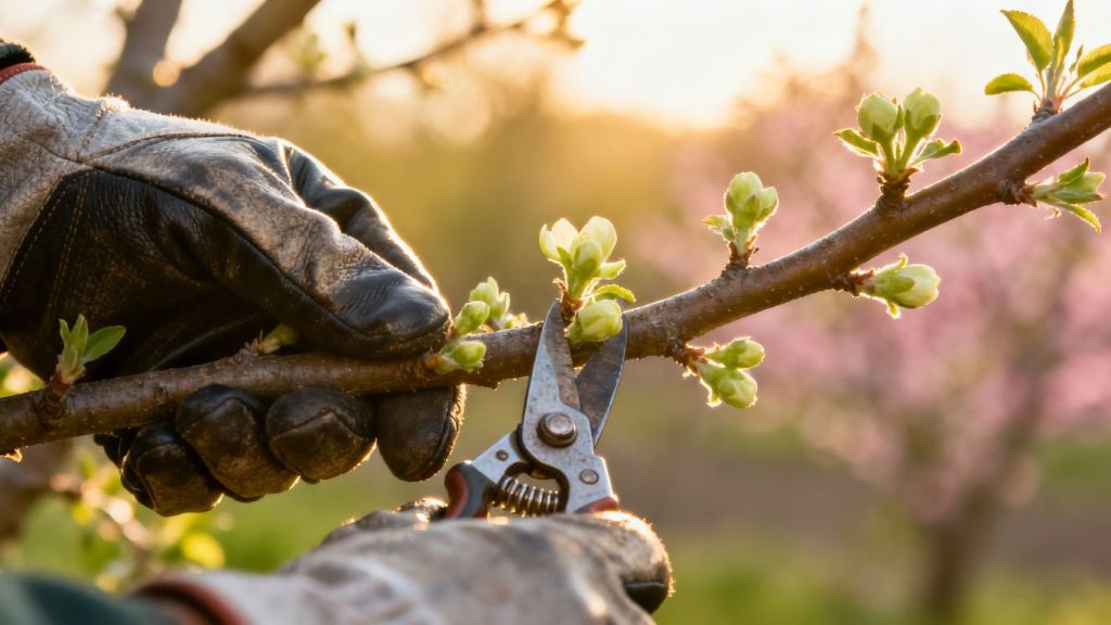 Gardener pruning fruit tree with new buds in spring.