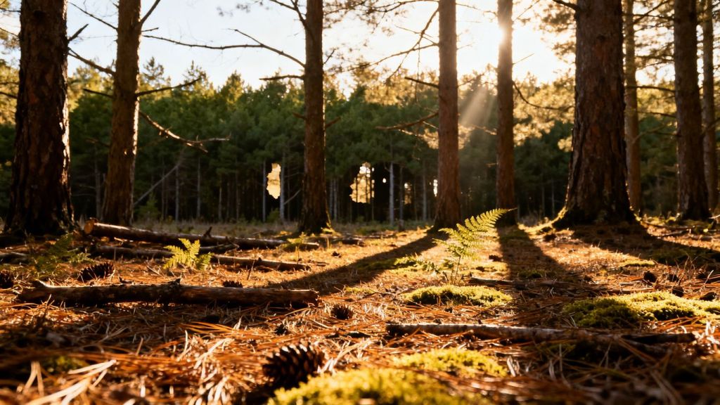 Forest with thinned tree crowns and cleared underbrush.