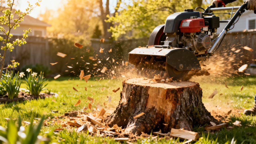 Stump grinder working on a tree stump in a garden.