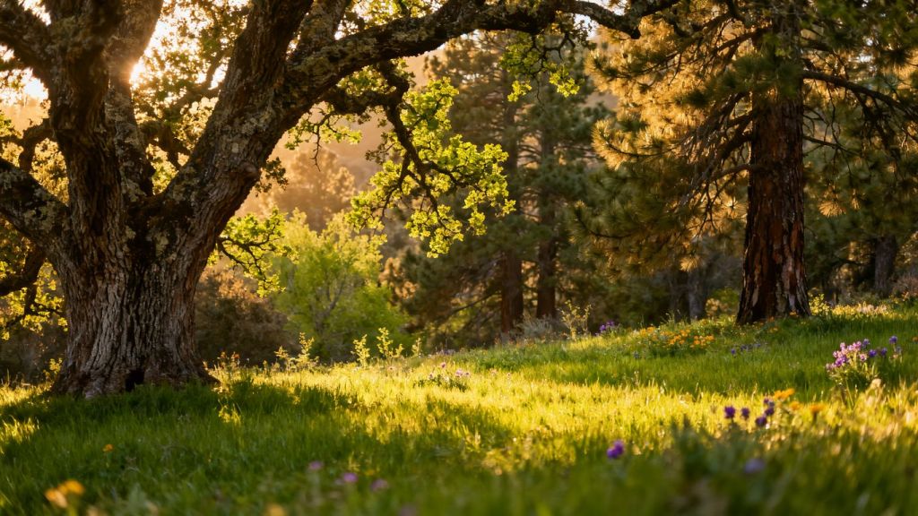 Oak and pine trees in Sierra Foothills during spring.