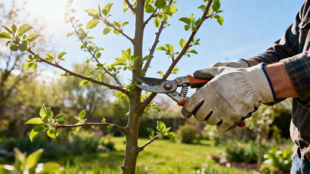 Gardener pruning young tree in spring garden