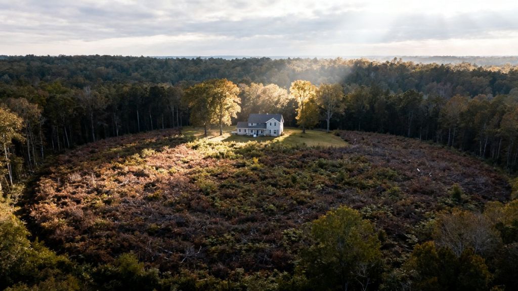 Rural home with defensible space clearing around it.