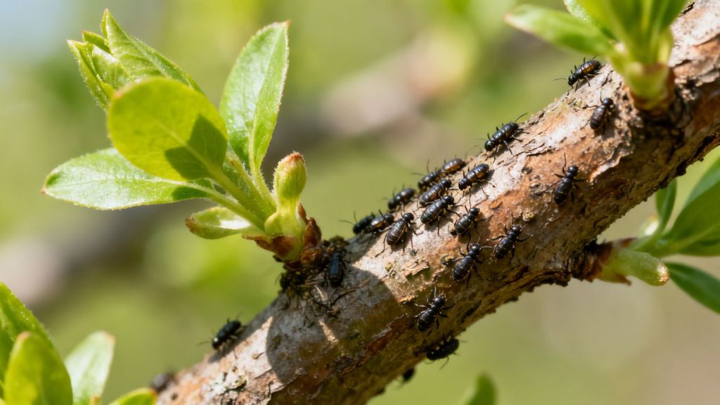 Tree branch with small insects in late spring.