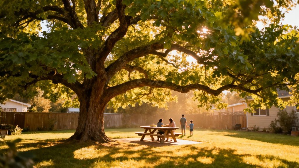 Tree overlooking a sunny backyard picnic area.