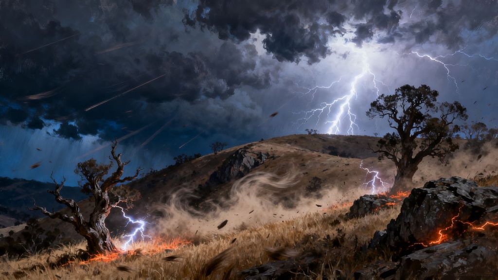 Lightning striking dry foothills with strong wind and clouds.