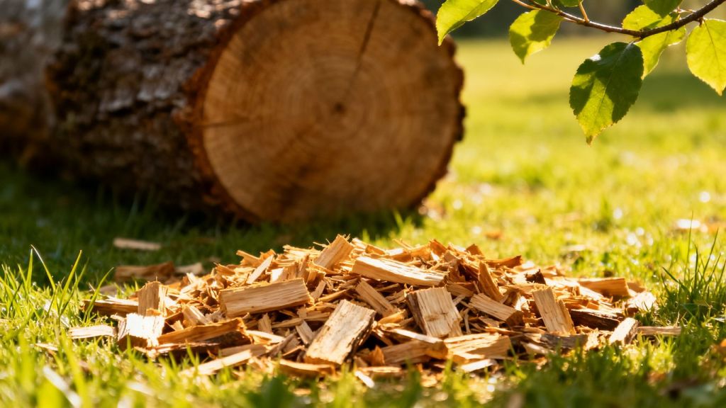 Tree stump ground into wood chips on a lawn.