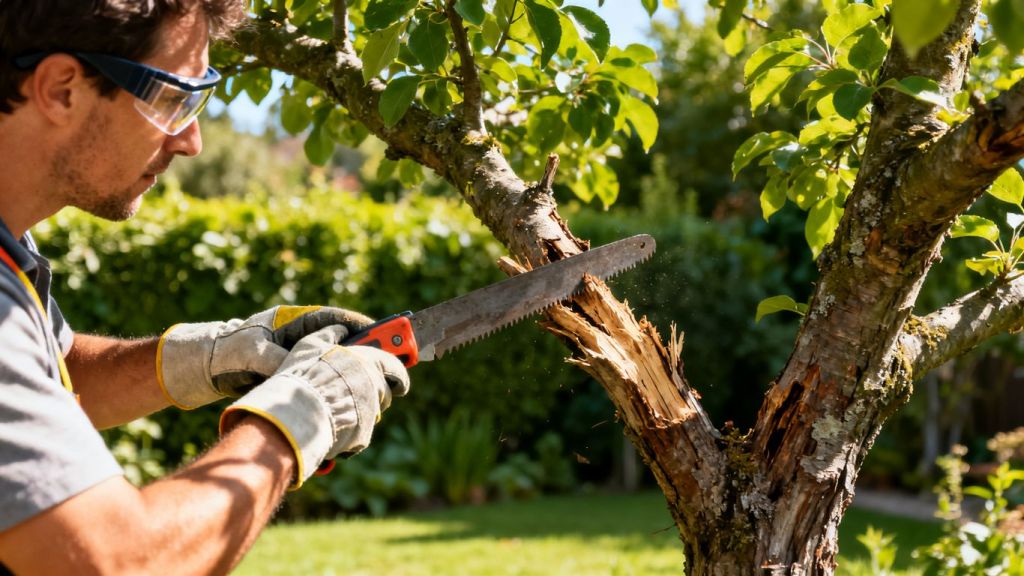 Safely removing deadwood from a tree in summer.